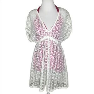 White Ivory Miken Lace Elastic Waist Deep V Neckline Swimsuit Cover M